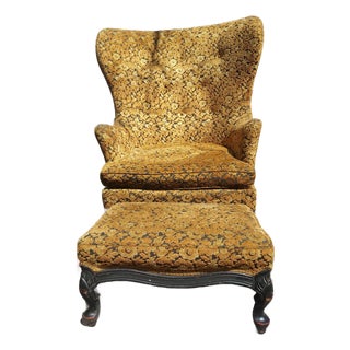 Mid-Century Throne-Height Wingback Chair & Matching Claw-Foot Ottoman in Gold Brocade Velvet For Sale