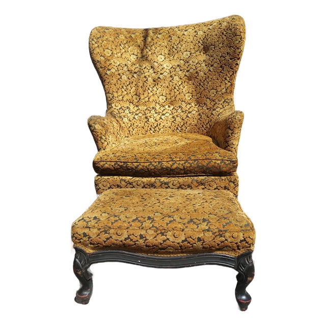 Mid-Century Throne-Height Wingback Chair & Matching Claw-Foot Ottoman in Gold Brocade Velvet For Sale
