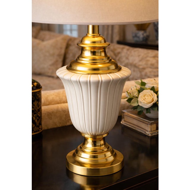 Alabaster Late 20th Century Hollywood Regency White Fluted Ceramic & Brass Urn Table Lamp, 34” For Sale - Image 8 of 8