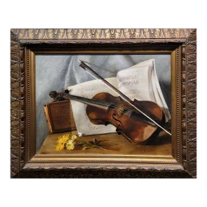 e.a Hale - Violin and Flowers Still Life-19th Century Oil Painting