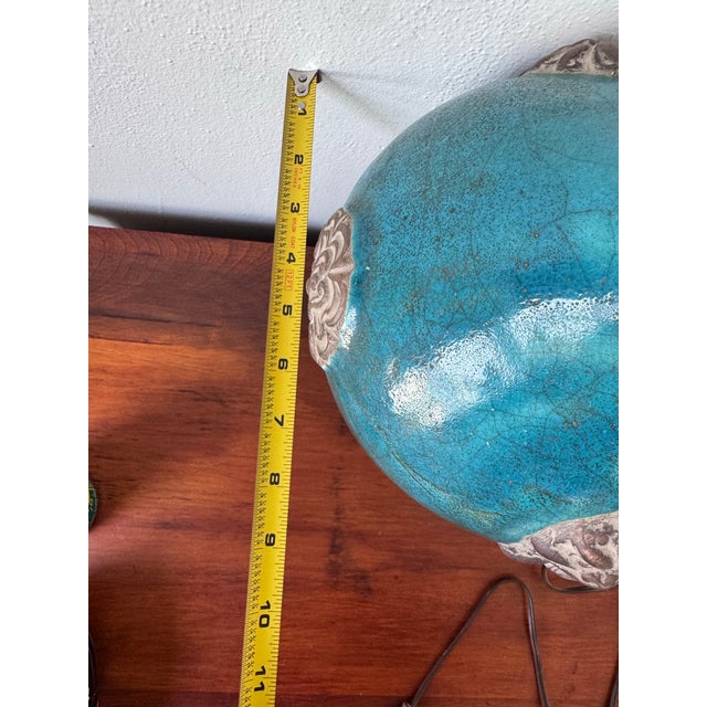 Mid-Century Ming Style Italian Ceramic Table Lamp Attributed to Ugo Zaccagnini, Turquoise Crackle Glaze For Sale - Image 9 of 12