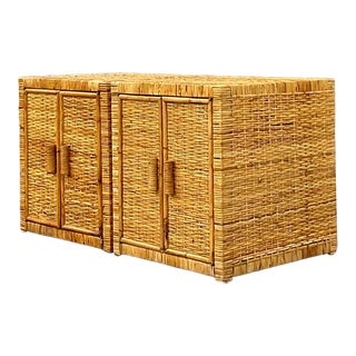 Late 20th Century Vintage Coastal Woven Rattan Nightstands - a Pair For Sale