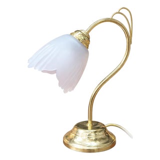 Vintage Art Nouveau Style Brass and Frosted Glass Flower Table Lamp For Sale