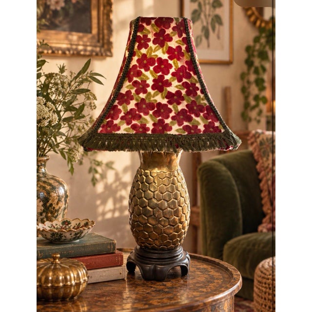 2020s Gretchen Punch Regal Designer Fabric Green and Maroon Floral Lamp Shade For Sale - Image 5 of 5