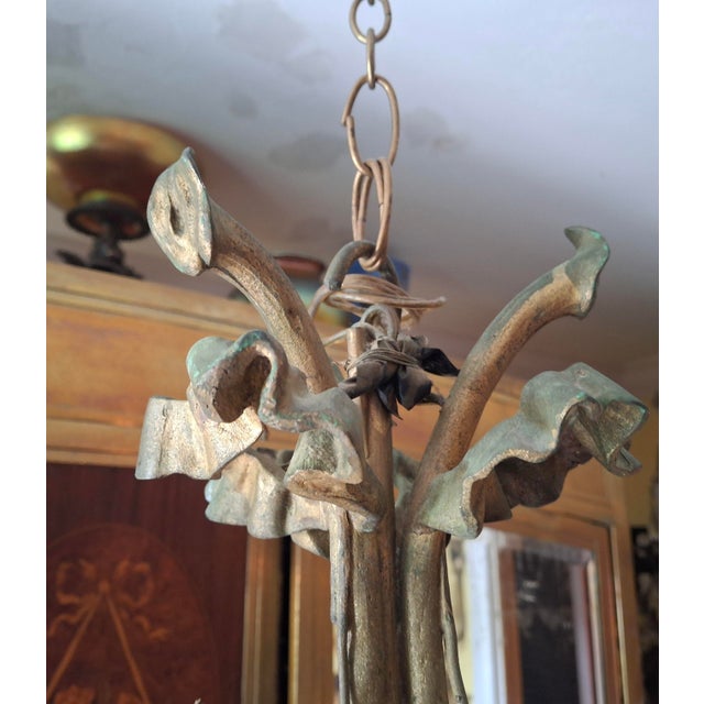 Metal 1940s Hollywood Regency Gilt & Verdigris Bronze/ Tole/ Crystal Pendant Chandelier For Sale - Image 7 of 12