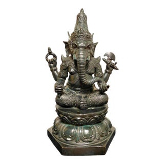 Antique Bronze Ganesha Statue Khmer Style Hindu 4-Arm Elephant God Sculpture For Sale