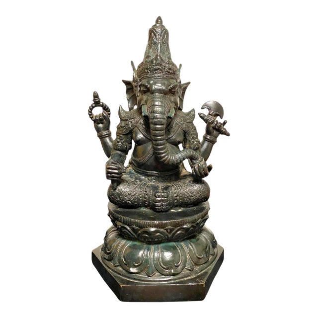 Antique Bronze Ganesha Statue Khmer Style Hindu 4-Arm Elephant God Sculpture For Sale