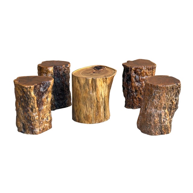 Set of 5 Raw Wood Rough Grain Finish Irregular Shape Short Stool Table For Sale In San Francisco - Image 6 of 11