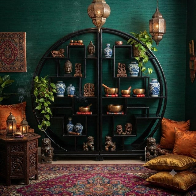 1990s Black Lacquer Moon Gate Round Shelves Wood Display Curio Cabinet Room Divider For Sale - Image 5 of 12