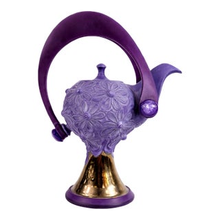 1980s Retro Floral Teapot With Sculptural Handle & Gold Base For Sale