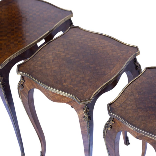 Late 19th Century Set Three Louis XV-Style Kingwood and Parquetry Nesting Tables, French, C. 1880 For Sale - Image 5 of 13