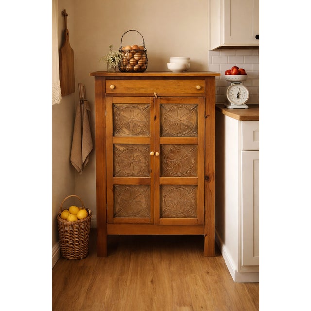 A warm and characterful vintage pine pie safe or jelly cupboard, featuring a classic drawer-over-doors configuration and...