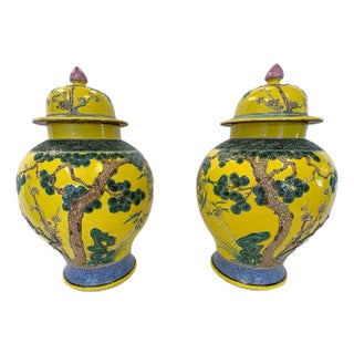 Vintage Large Lidded Ceramic Ginger Jars Sunny Yellow With Chinoiserie Botanical Decorations- A Pair For Sale