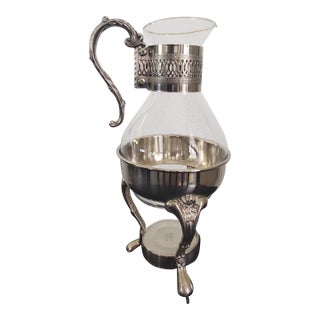 1980s Elegance Glass Coffee Carafe With Warming Stand, Ep Brass Silver Plated Tea Pot For Sale