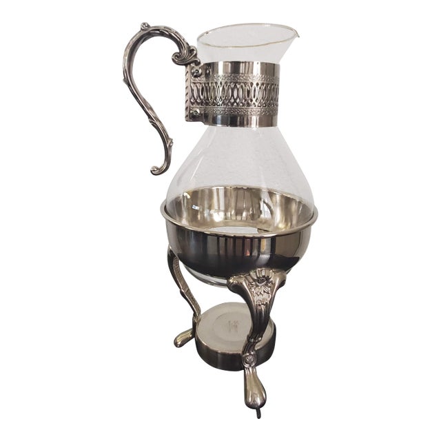 1980s Elegance Glass Coffee Carafe With Warming Stand, Ep Brass Silver Plated Tea Pot For Sale