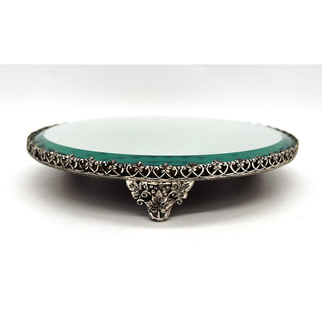 Late 20th Century 8" Vintage Round Mirrored Plateau Tray With Ornate Silver-Tone Gallery – Hollywood Regency / Neoclassical For Sale - Image 5 of 15