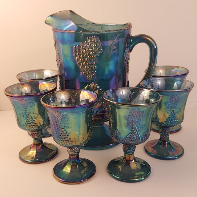 Harvest Grape Blue Carnival Glass Pitcher & Glasses - Set of 7 | Chairish