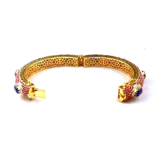 Brown Bochic “Capri” Vintage Ruby, Sapphire & Diamond Bangle Set In 18K Gold & Silver For Sale - Image 8 of 11