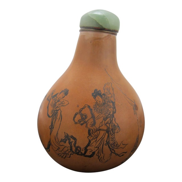 Chinese Hand Etched Figural & Script Gourd Snuff Bottle With Jade Green Stopper For Sale