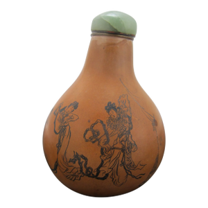 Chinese Hand Etched Figural & Script Gourd Snuff Bottle With Jade Green Stopper