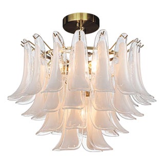 Aloadecor 24'' Wide Vintage Mid-Century Modern Flush Mount 4-Light 4-Tier White Art Glass Ceiling Light With Antique Bronze Finish For Sale