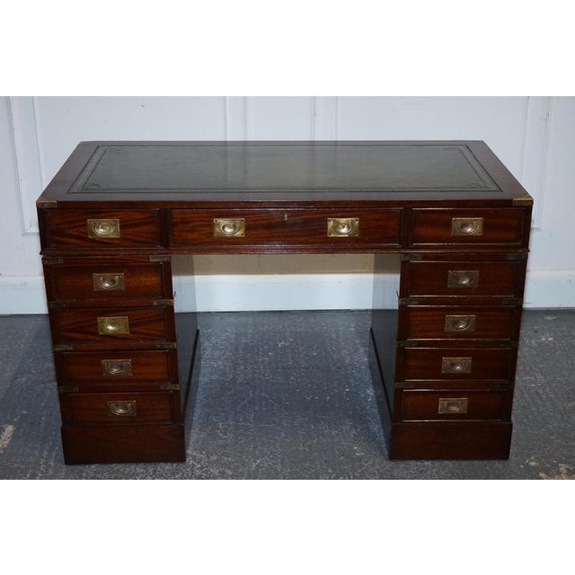 Fine Military Campaign Twin Pedestal Desk with Green Leather Top For Sale - Image 4 of 18