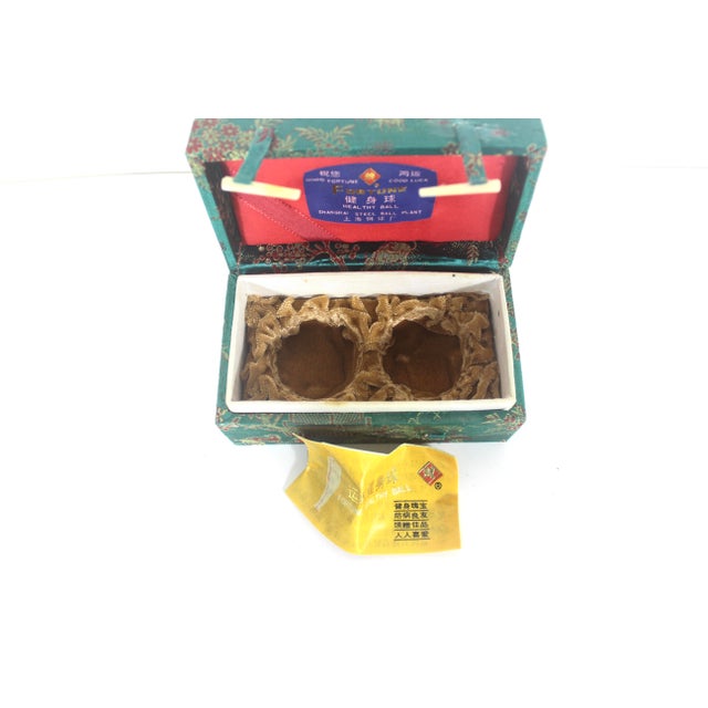 Vintage Chinese Shi-Lou Stone Stress Balls or Boading Baoding Balls Pair or Set in Silk Fabric Covered Box For Sale - Image 4 of 8