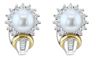 Pearl & Diamond Halo Earrings with Diamond Accents 14k Two-Toned Gold, 2 Pieces