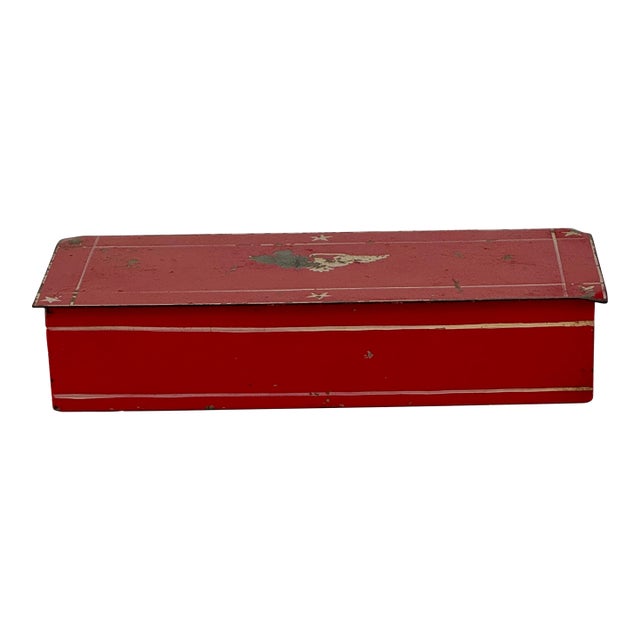 Vintage Tin Red Keepsake Box With Swan Illustration and 3 Compartments For Sale