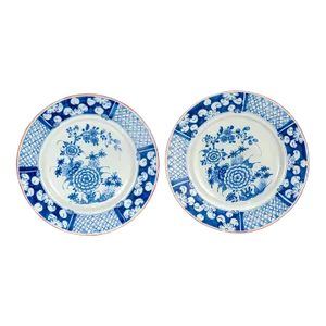 Pair of Antique English or Irish Delft Pottery Chinoiserie Blue Decorated Plates