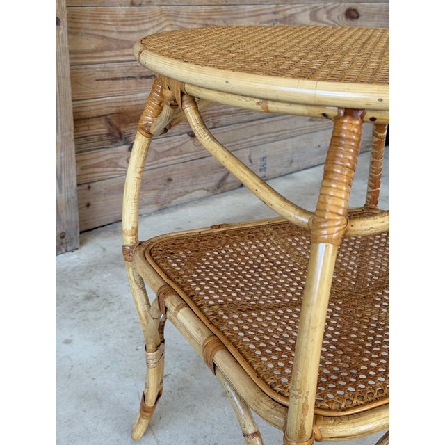 Tan Vintage Coastal Rattan & Cane Two-Tier Side Table For Sale - Image 8 of 12