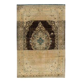 Vintage Persian Tabriz Handmade Brown Medallion Wool Rug For Sale