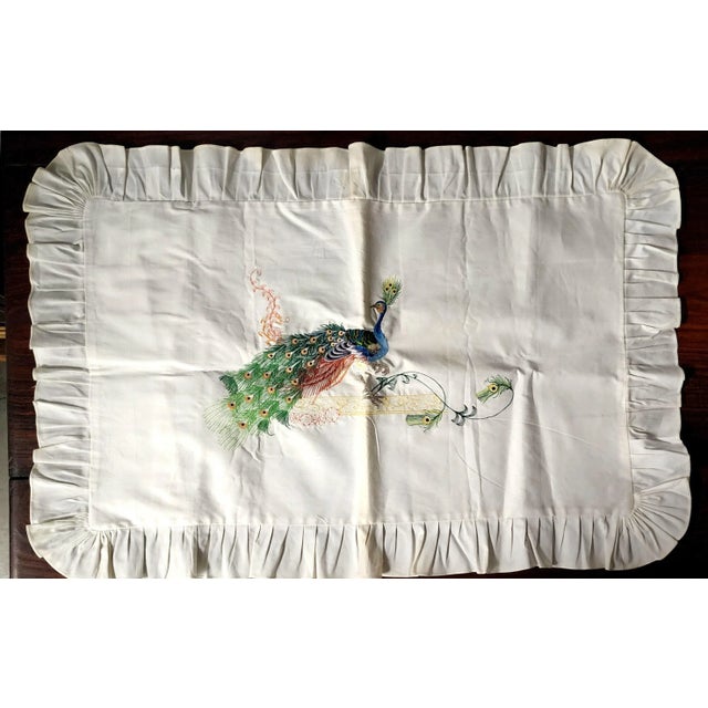 Textile Chinese HandSewn Peacock Accent Linen Lg. Pillow Covers - Pair. For Sale - Image 7 of 10