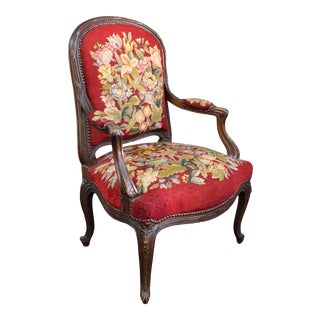 Louis XVI Style Needlepoint Walnut Carved Open Armchair For Sale