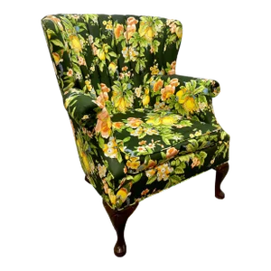 Vintage Traditional Chippendale Style Channel Back Floral Print Wingback Accent Chair