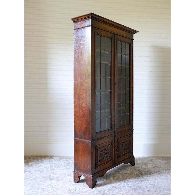 English Antique English Oak Leaded Glass Bookcase, Cabinet For Sale - Image 3 of 10