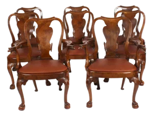 Vintage Queen Anne Revival Dining Chairs in Burr Walnut, 1950s, Set of 8