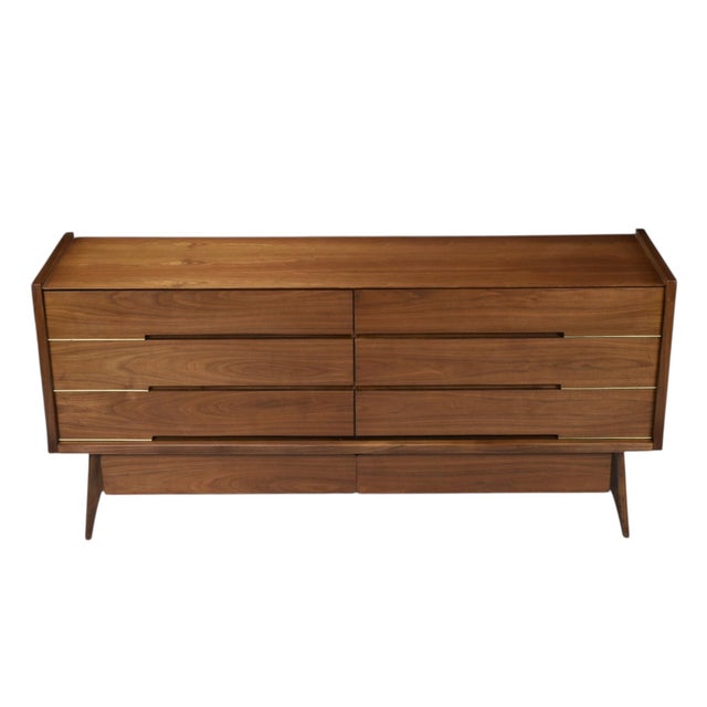 Long Large Mid-Century Modern Walnut Dresser With Brass Accents For Sale - Image 9 of 16