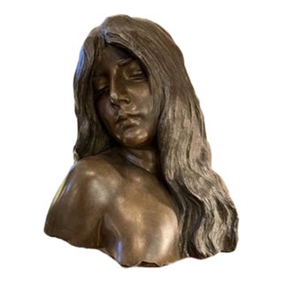 Antique 1858 Emmanuel Villanis Cast Bronze of a Young Girl on Marble Stand For Sale
