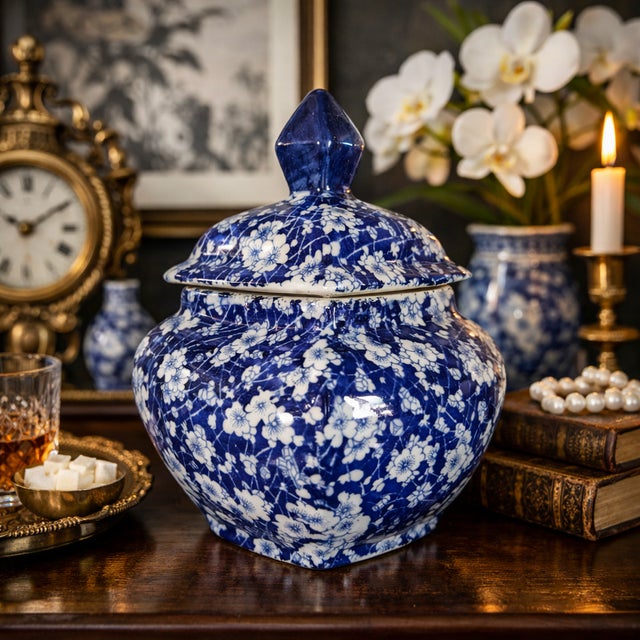 A charming, country Delft style earthenware jar, with stylized blue and white depictions of flowers throughout, with cover...