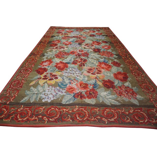 French 1900s Large Scale Olive Antique French Floral European Folk Besserabian Wool Rug For Sale - Image 3 of 11