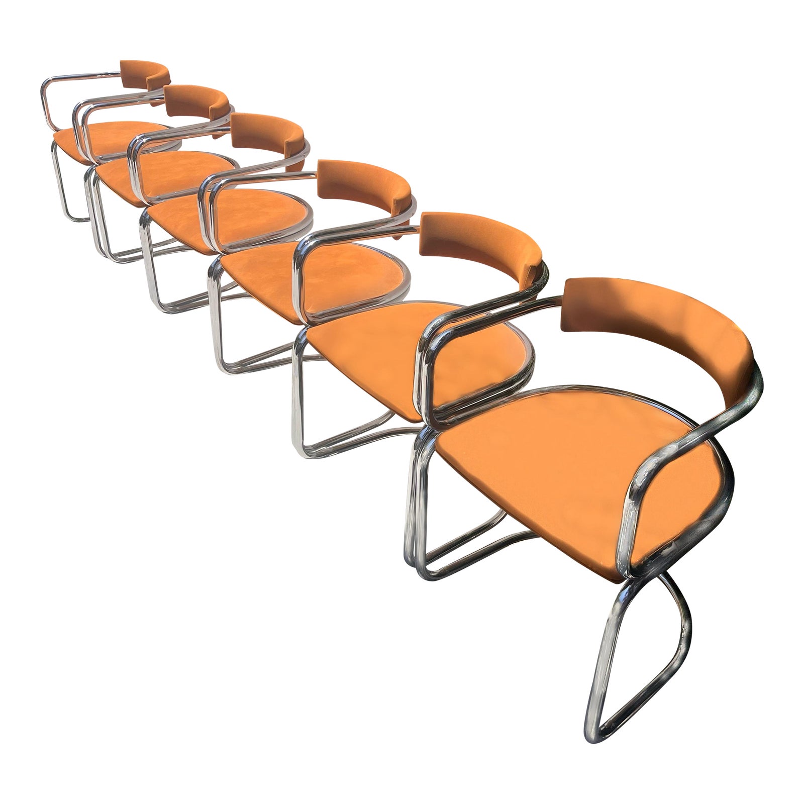 Set of 6 Cantilever Chrome and Faux Suede Dining Chairs by Metco, Mid ...