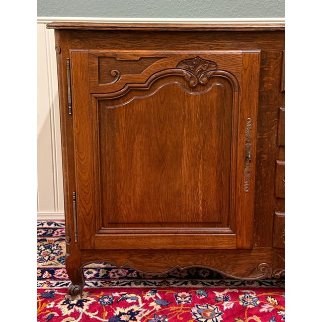 Antique French Louis XV Bow Front Buffet Sideboard Server Carved Oak C. 1930s For Sale - Image 11 of 18