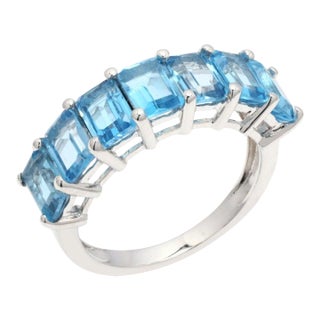 4.6Ct Emerald Cut Blue Topaz Art Deco Band Ring Size 7 For Sale