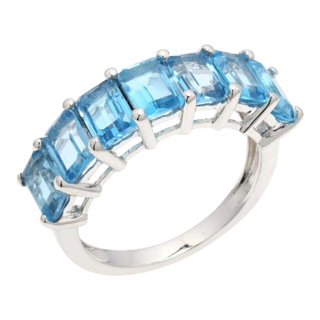 4.6Ct Emerald Cut Blue Topaz Art Deco Band Ring Size 7 For Sale