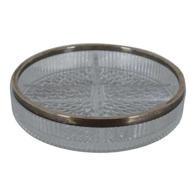 Vintage English Silver Plate Pressed Glass Divided Relish Compote Dish For Sale