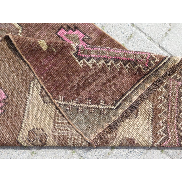Brown 60s Geometric Design Turkish Kars Carpet Runner Rug For Sale - Image 4 of 11