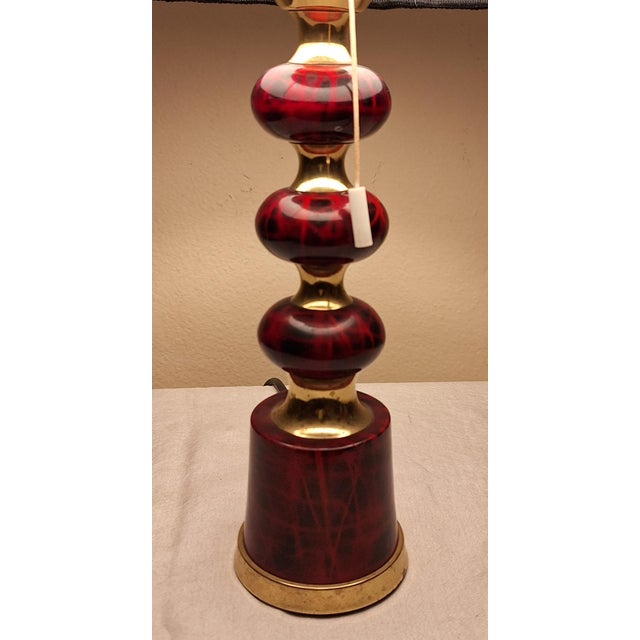 Metal Vintage Red and Black Ceramic Table Lamp with Brass Details and Fabric Shade, 1990s For Sale - Image 7 of 10