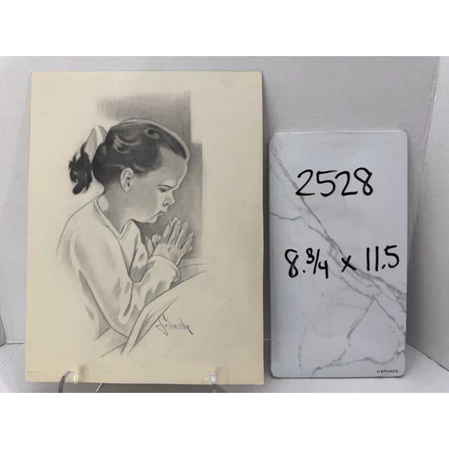 1940s Original Signed Graphite Illustration of Praying Young Girl, 11.5 × 8.75 In. For Sale In Atlanta - Image 6 of 6