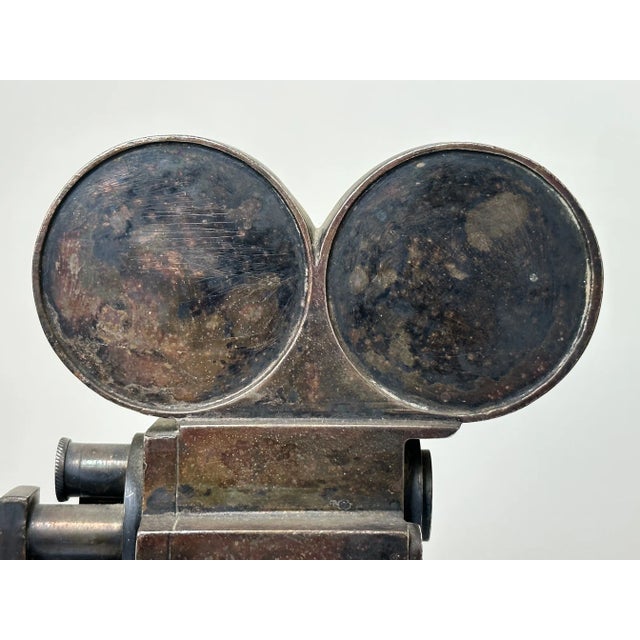 Metal Early 20th Century Small Art Deco Movie Director Reel Camera Classic Car Mascot Sculpture With Verdigris For Sale - Image 7 of 13